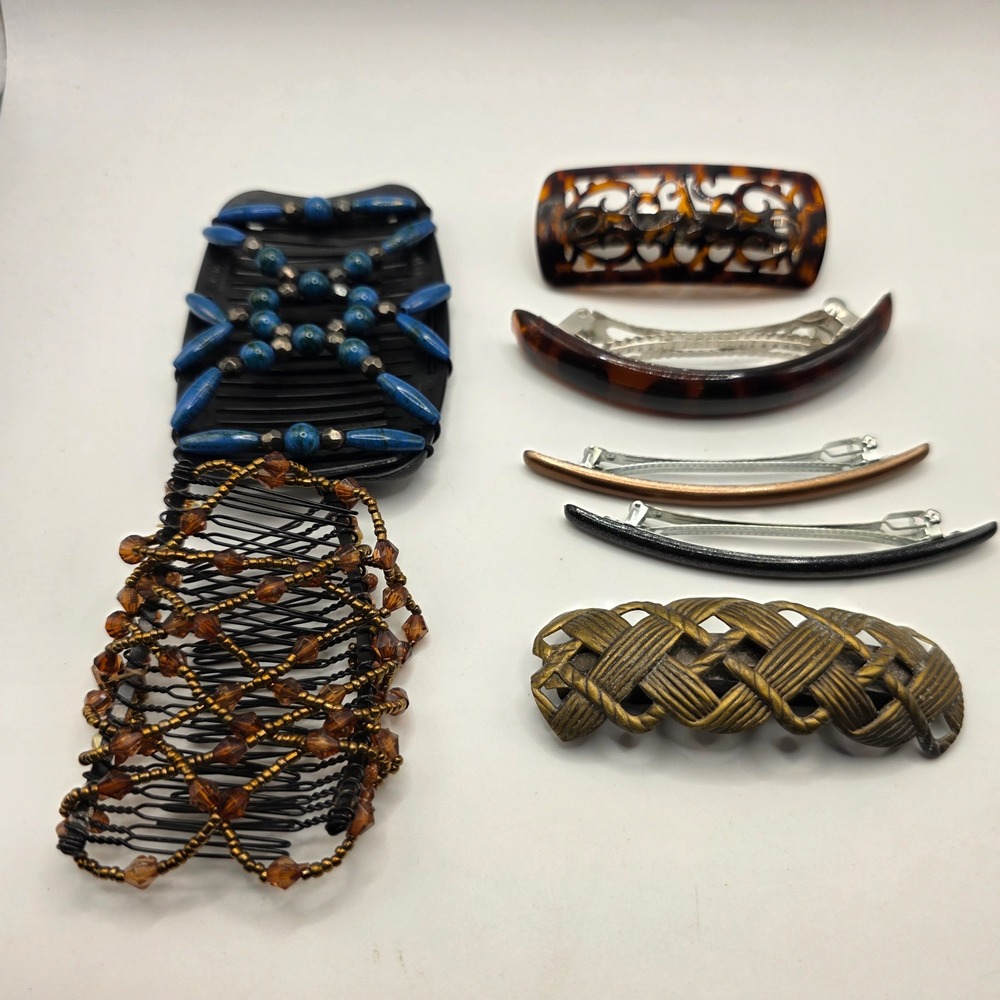 Vintage Hair Clip Lot‎ 7pc Tortoiseshell Beaded Combs Metallic Barrettes